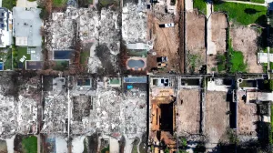 Aftermath of the Palisades Fire in February, left, and December, 2025, looking down at homes between Via De La Paz and Swarthmore Ave in Pacific Palisades, CA. (Photo by Jeff Gritchen, Orange County Register/SCNG)
