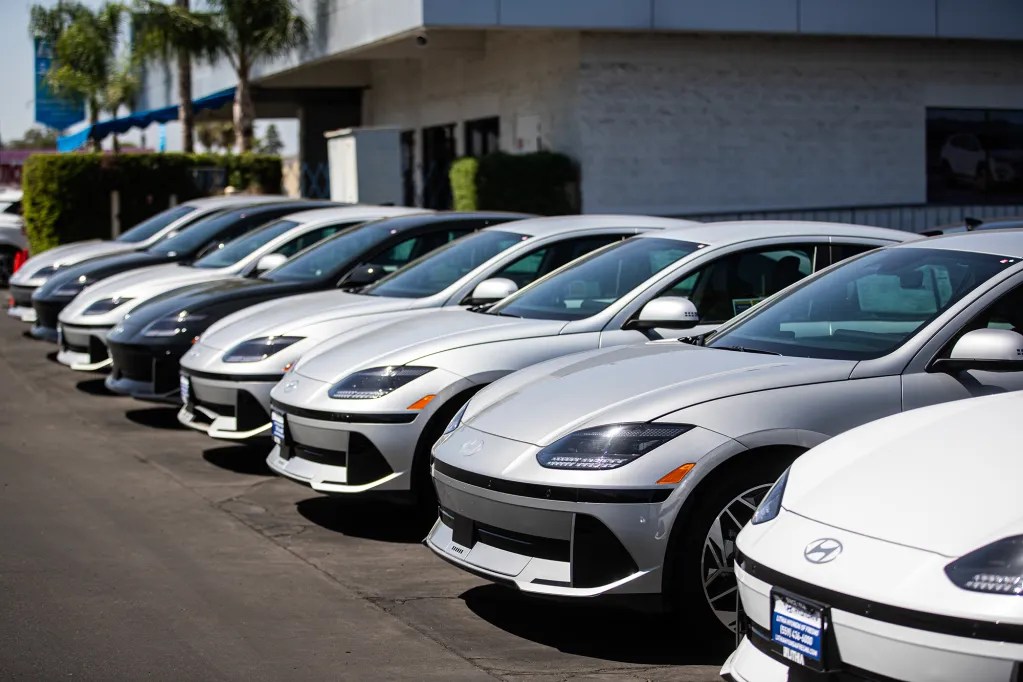 A line up of electric vehicles at a Hyundai dealership in Fresno on Sept. 7, 2023. (Larry Valenzuela, CalMatters/CatchLight )Local
