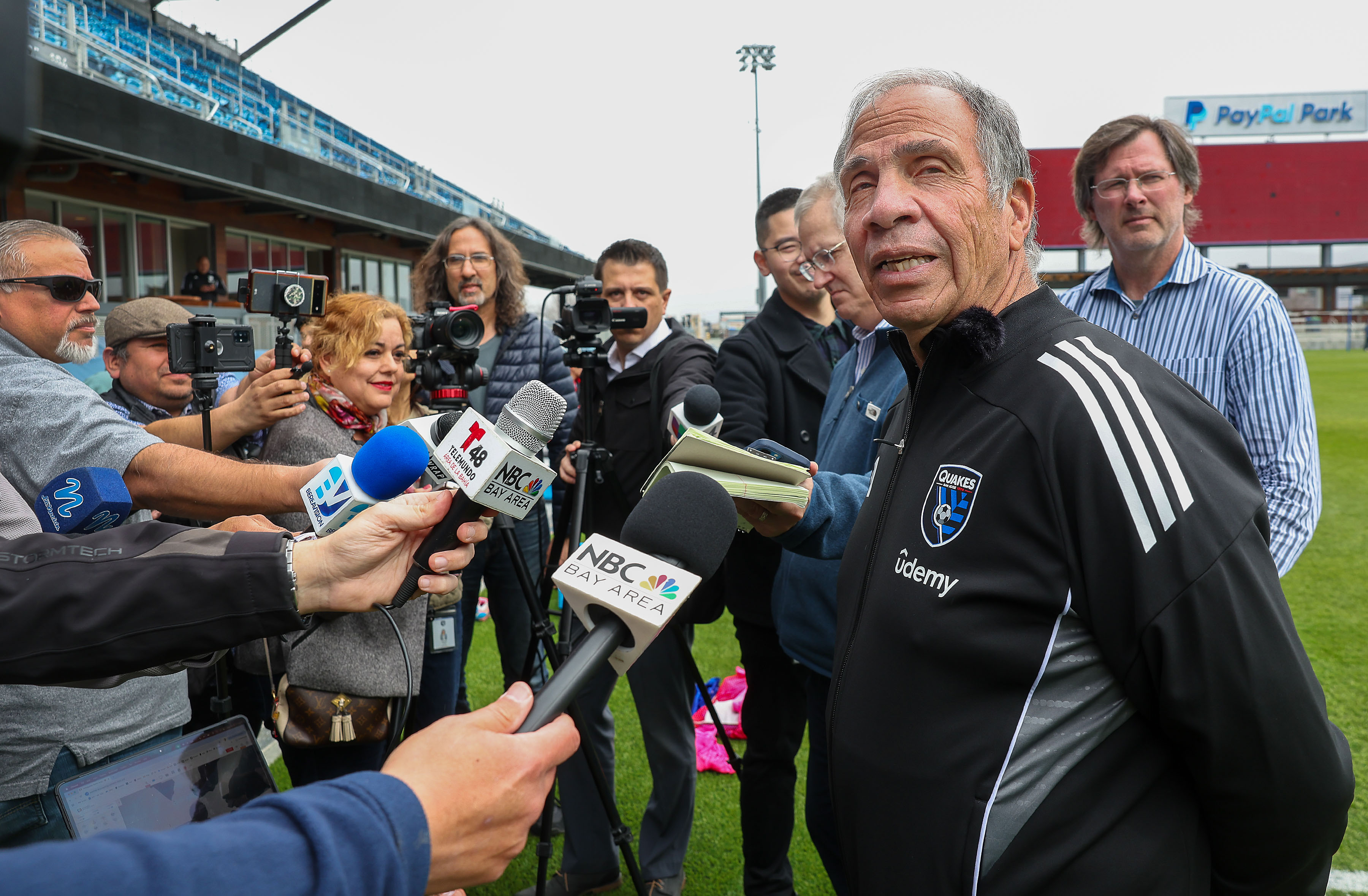 New San Jose Earthquakes manager Bruce Arena talks with the media at PayPal Park in San Jose, Calif. on Wednesday, Feb. 19, 2025. (Karl Mondon/Bay Area News Group)