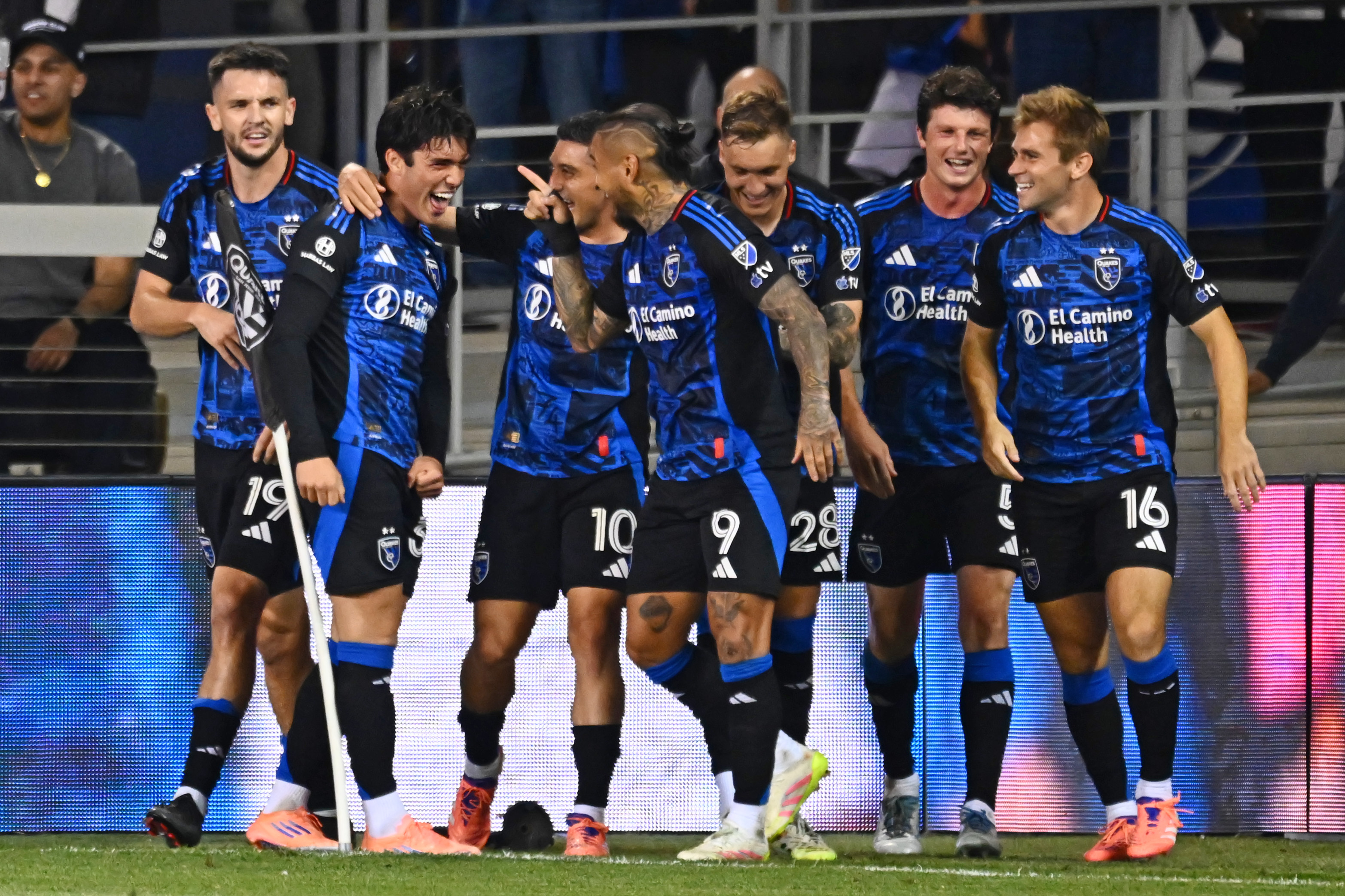 San Jose Earthquakes’ Niko Tsakiris (30), second from the left, celebrates with his team after scoring a goal during the second half of their decision match play at PayPal Park in San Jose, Calif., on Saturday, Oct. 18, 2025. San Jose defeated Austin FC 2-1. (Jose Carlos Fajardo/Bay Area News Group)