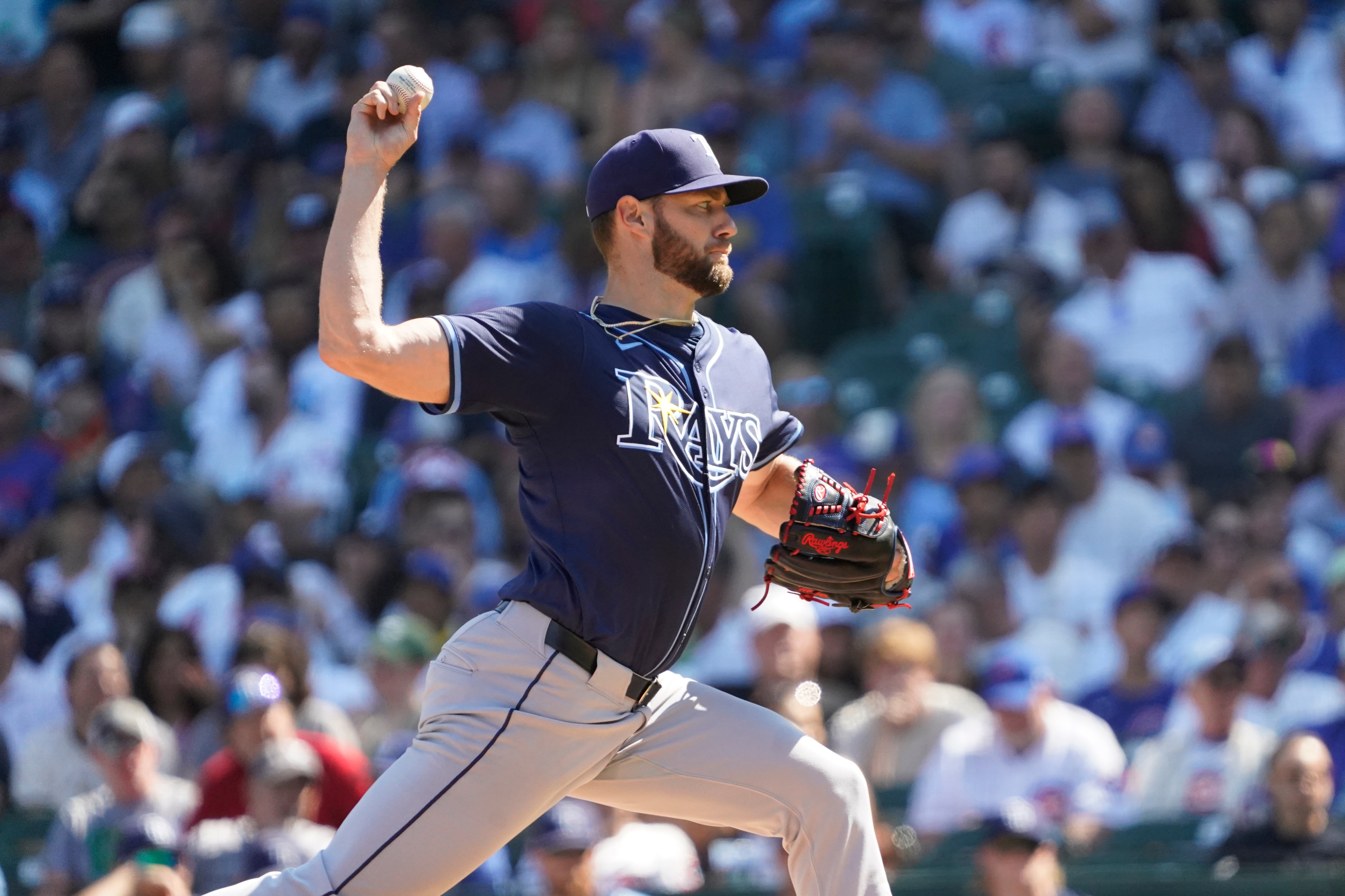 FILE - Tampa Bay Rays pitcher Adrian Houser (37) throws the ball against the Chicago Cubs during the first inning of a baseball game Sept. 14, 2025, in Chicago. (AP Photo/David Banks, File)