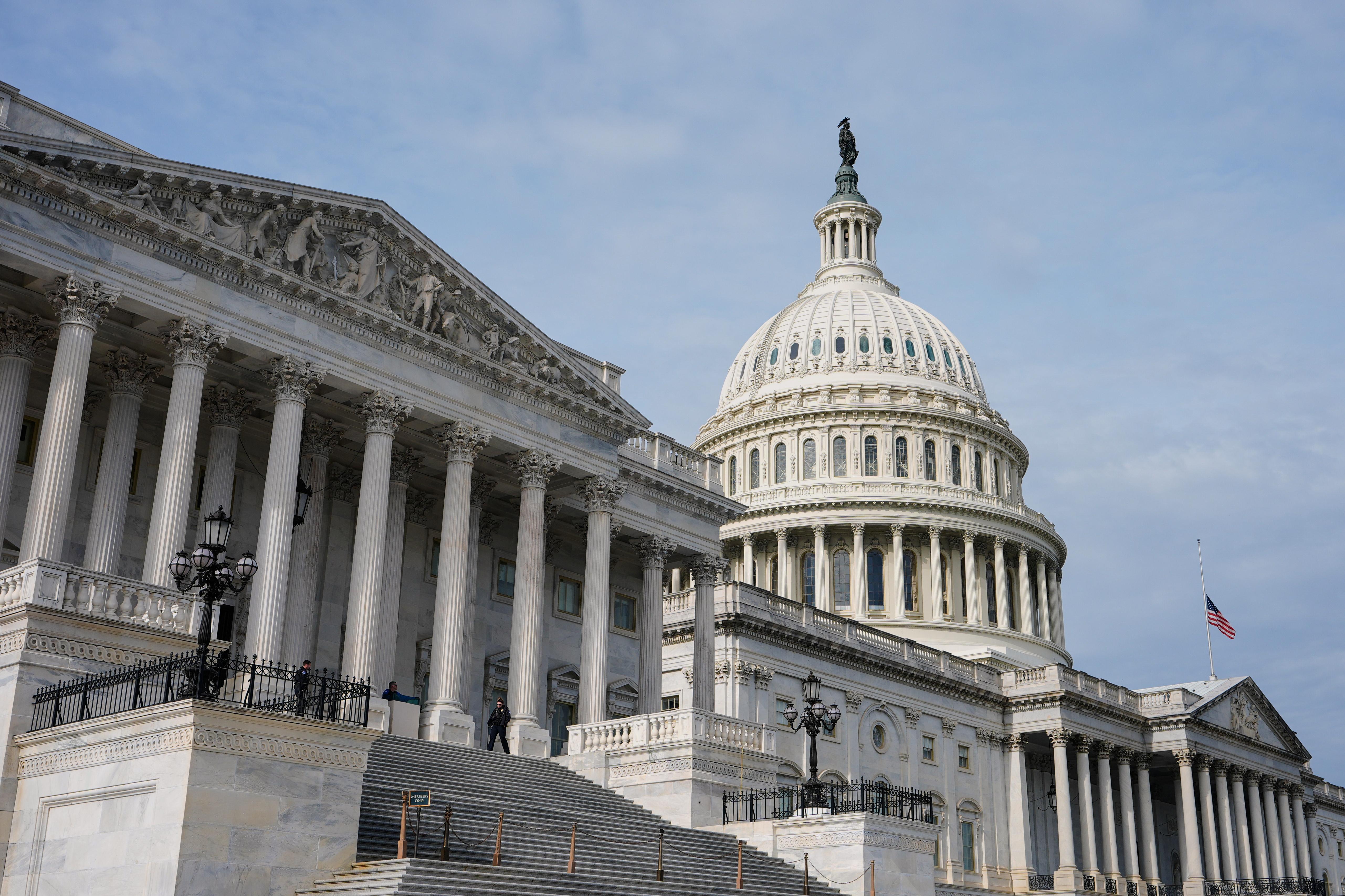A view of the House wing of the Capitol is seen before a news conference on the Epstein files Tuesday, Nov. 18, 2025, in Washington. (AP Photo/Mariam Zuhaib)
