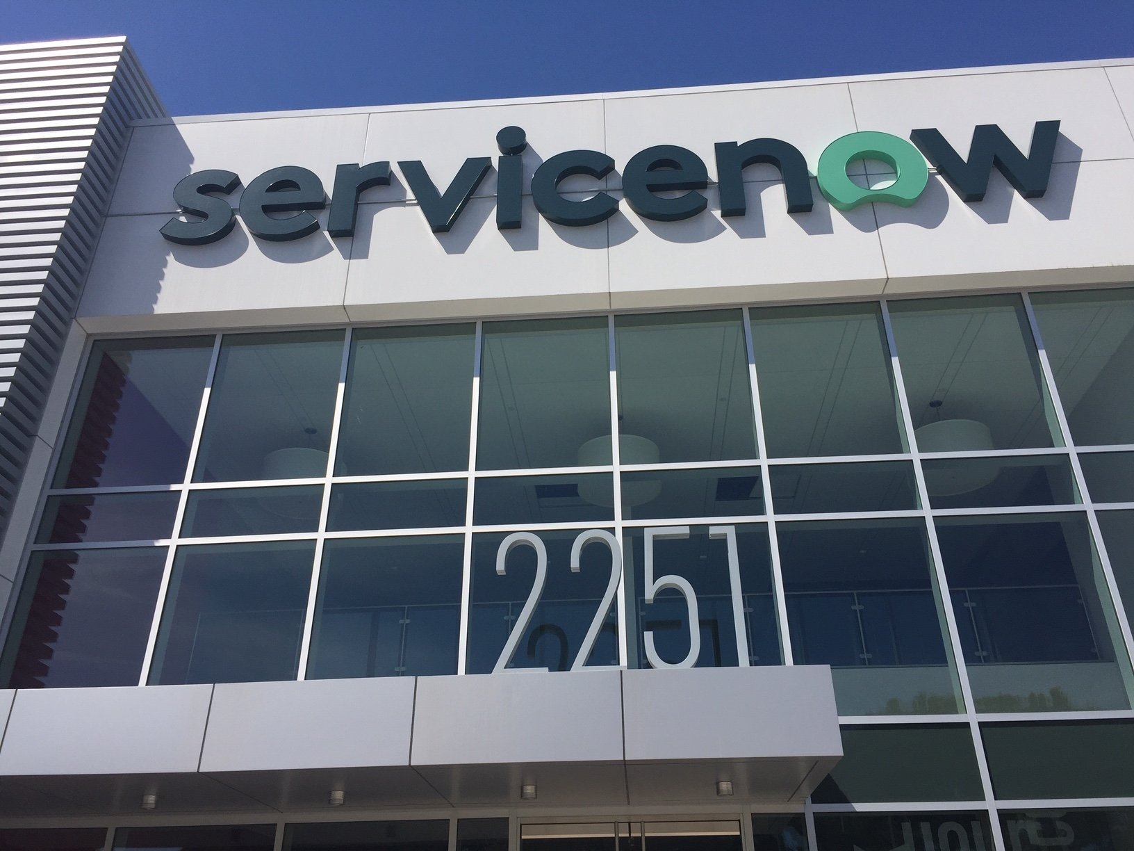 ServiceNow logo on a 130,000-square-foot building at 2251 Lawson Lane that the software company has leased.