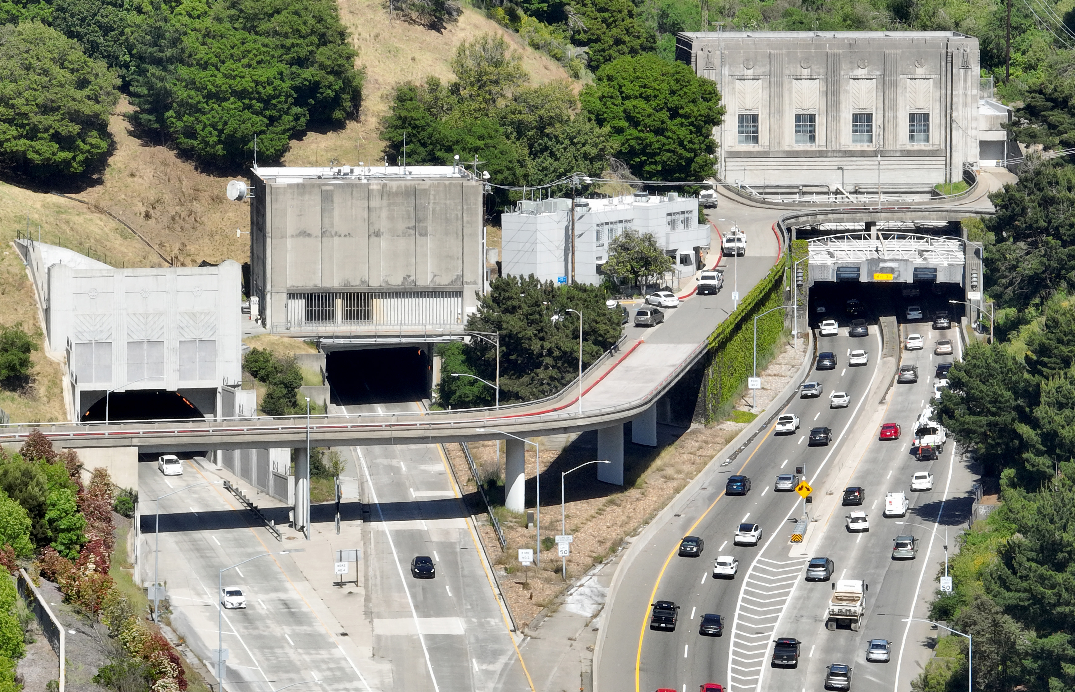 A drone view of traffic on Highway 24 eastbound, right, heading towards the Caldecott Tunnel in Oakland, Calif., on Tuesday, April 30, 2024. (Jane Tyska/Bay Area News Group)