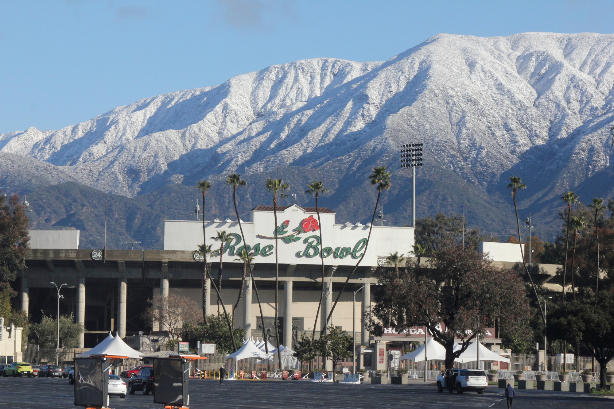 Snow caps the San Gabriel Mountains above the Rose Bowl Stadium in Pasadena, Calif., on Sunday, Feb. 26, 2023, after a major winter storm swept through the state. (AP Photo / John Antczak)
